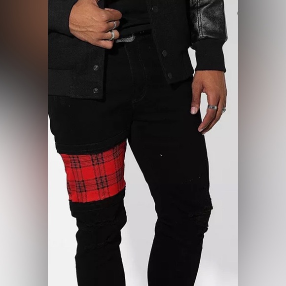 Saint Morta Sideline Distressed Skinny Jeans Men’s 34 Black/ Red Tartan - Picture 2 of 15